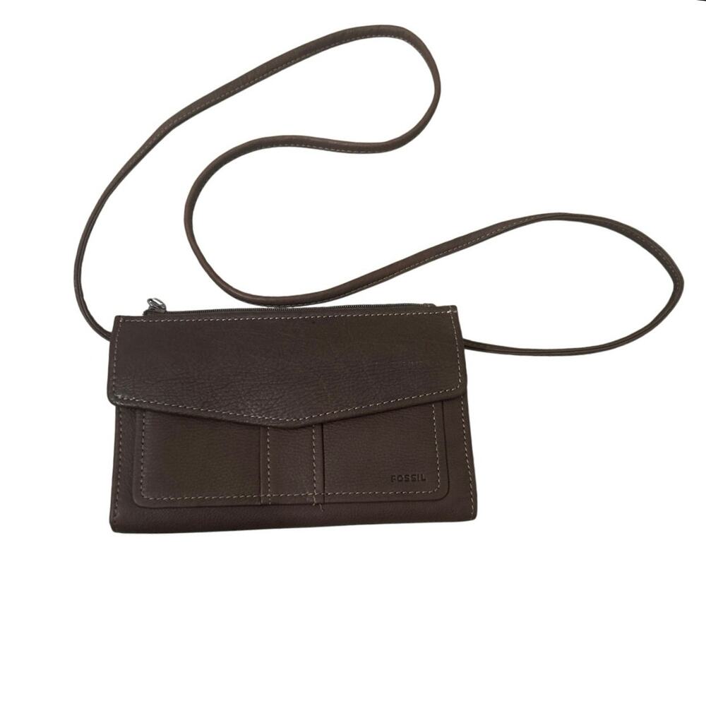 Y2K Fossil Brown Leather Crossbody Bag Wallet Organizer Travel Concert Festival